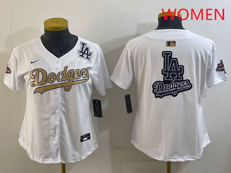 Women Los Angeles Dodgers Blank White Champion gold character 2025 Nike MLB Jersey style 22->women mlb jersey->Women Jersey